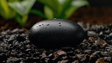 A black pebble with water droplets on its surface sits on a bed of small rocks.