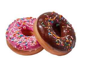 Two frosted doughnuts with colorful sprinkles on a dark background