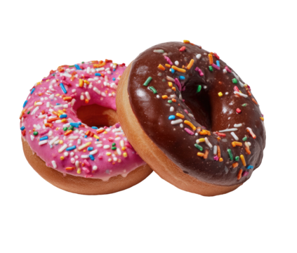 Two frosted doughnuts with colorful sprinkles on a dark background
