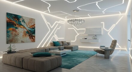 Modern living room interior design with stylish lighting and elegant decor elements that create a luxurious and comfortable atmosphere for relaxation and social gatherings