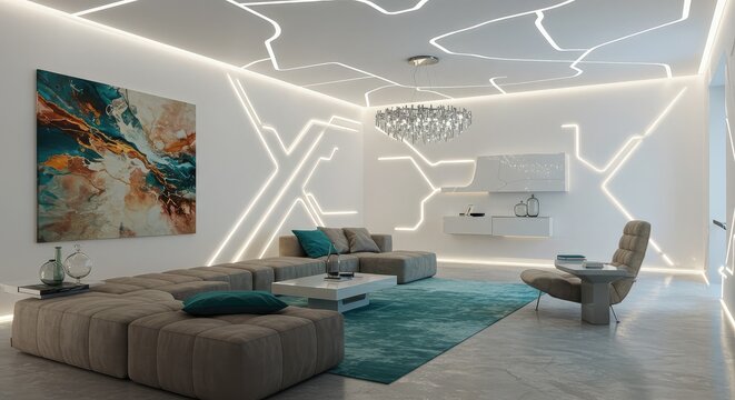 Modern living room interior design with stylish lighting and elegant decor elements that create a luxurious and comfortable atmosphere for relaxation and social gatherings