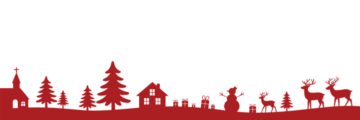 Christmas Landscape With Red Holiday Banner And Decorative Border, Festive Winter Background Designed For Seasonal Greeting Cards And Celebration Themes In Clean Modern Vector Illustration Style