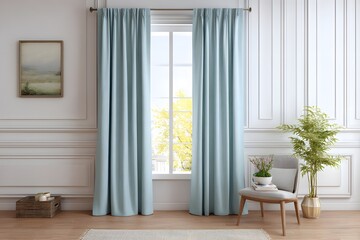 a front view of a comfortable living room, with light blue country-printed blackout curtains as the main body. 