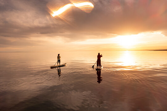 Two young women girls are walking on stand up paddle sup boards at calm sunset lake against yellow and orange water and sky