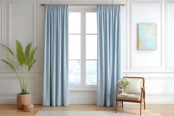 a front view of a comfortable living room, with light blue country-printed blackout curtains as the main body. 