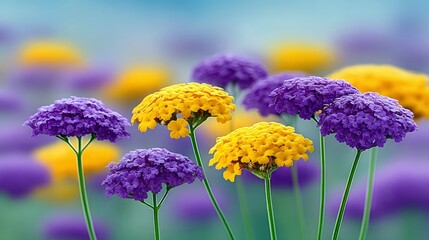 A close-up view of vibrant purple and yellow flowers in a field, with a soft, blurred background of more flowers and a bright, clear sky.