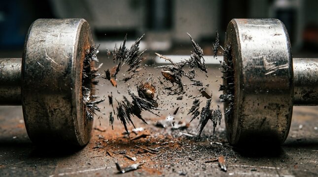 Detailed high-speed photo illustrating an intense magnetic attraction as jagged iron filings erupt between two weathered steel cylindrical magnets on a grimy surface.