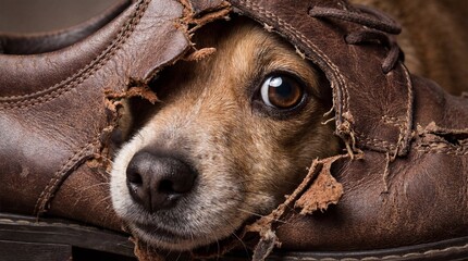 Intimate Photo of a Curious Puppy's Head Emerging from a Dark Brown, Gravely Damaged Leather Shoe, with One Bright, Mischievous Eye.
