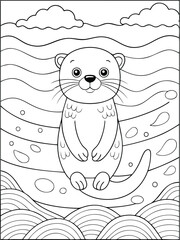 Cute cartoon otter sitting in a playful river scene with clouds, detailed line art for children's coloring book fun