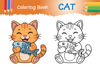 cat eating fish outline coloring page vector