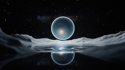 A blue planet with a white ring sits in the center of a black space, surrounded by stars and reflected in a calm body of water.
