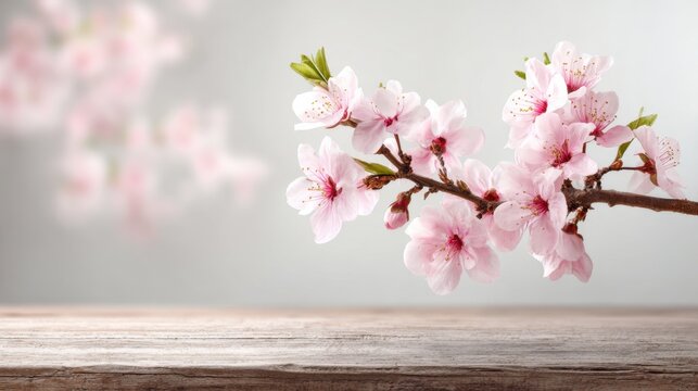 A branch of cherry blossoms displays beautiful pink flowers on a rustic wooden table. The soft focus background enhances the tranquil and serene ambiance of the scene. - Powered by Adobe