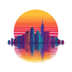 Retro cityscape silhouette with vibrant sunset and water reflection