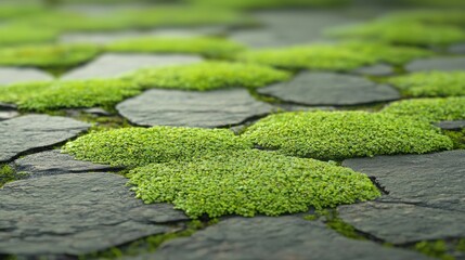 A close-up view of a mossy rock surface with a variety of green moss patches.
