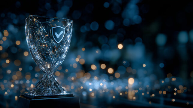 Digital Shield of Honor: A luminous, crystal trophy embodies the essence of protection and digital security.