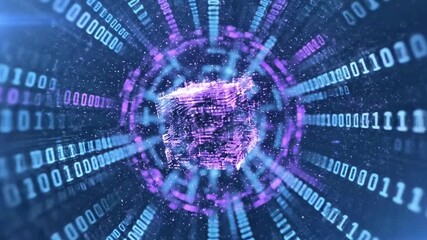 Futuristic data tunnel with neon purple rings and streaming binary in a glowing vortex. Infra glow. - Powered by Adobe