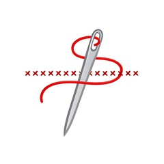 Illustration of needle with red thread and simple cross stitches line