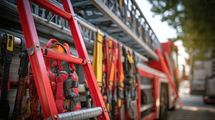 Red fire truck ladder with safety harness equipment in focus, firefighting gear details on blurred urban street background