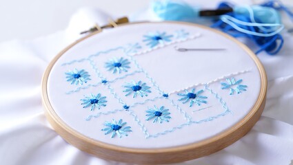 Embroidery Hoop Art with Blue Floral Pattern on White Fabric Calm