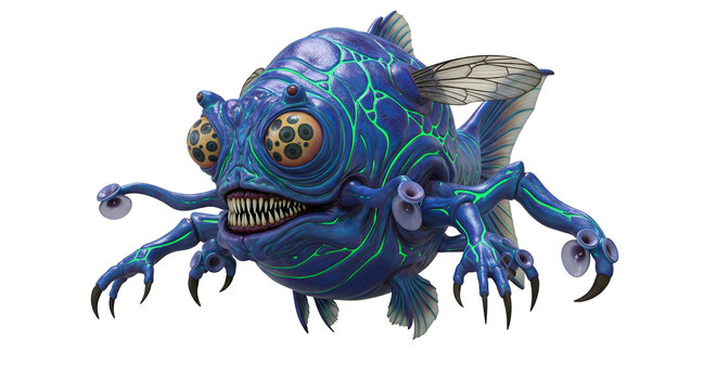 Detailed 3D render of a blue fantasy sea creature with insect wings, multiple eyes, and sharp teeth against a clean white backdrop