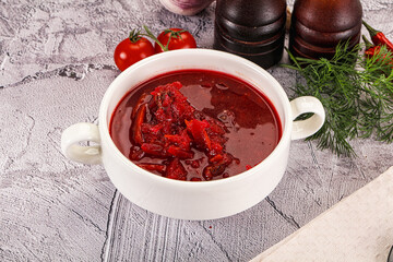 Homemade red soup Borsch with cabbage
