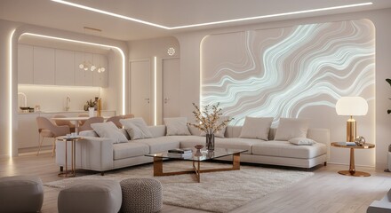 Experience serene living in this luxuriously furnished apartment with contemporary design and soft lighting - perfect for creating a calm and inviting atmosphere