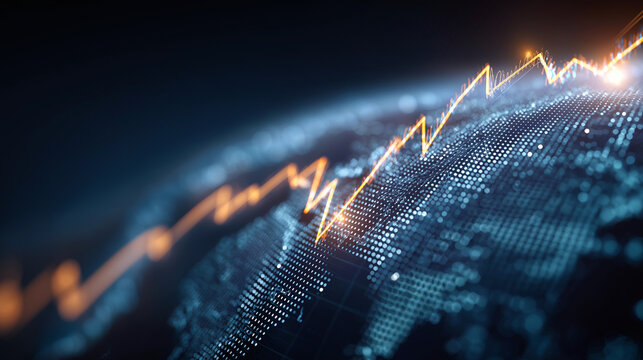 Global Market Dynamics: An illuminated, upward trending line traces a course across a stylized world map, symbolizing the dynamic forces of global economics and investment.