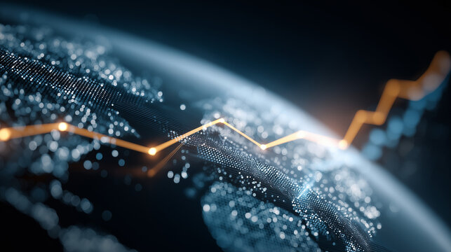 Global Growth Trajectory: An illuminating image showcasing the upward trajectory of the global economy, with an electrifying line overlaying the earth, depicting the rise and progress. 