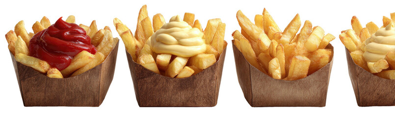 Four servings of fries, two with dipping sauces, in brown paper