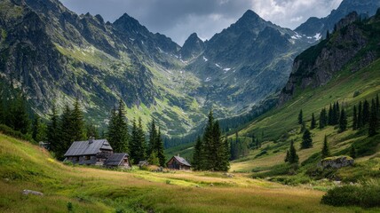 Scenic mountain valley in the tatras with traditional wooden huts, lush green slopes, and dramatic peaks under soft natural light