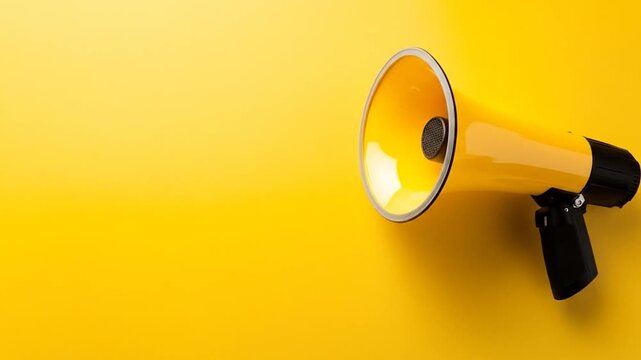 Yellow megaphone announcement public relations communication marketing advertising important information news broadcast loudspeaker device bright background