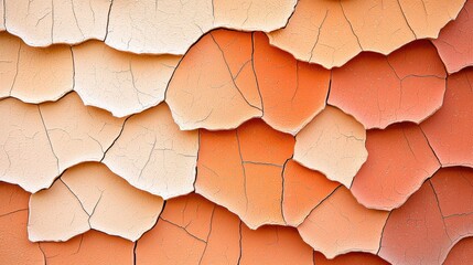 A wall with cracked and peeling paint in shades of orange and peach.