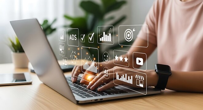 Woman working on laptop with digital marketing icons interface display - Powered by Adobe