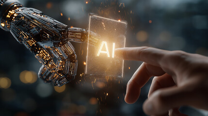 AI Human Hand Contact: An interaction between an AI robotic hand and a human hand, connected over the concept of artificial intelligence, digital innovation and future technology.
