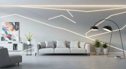 Elegant living room showcases modern lighting design and minimalist decor for a serene, contemporary lifestyle experience, perfect for interior design inspiration