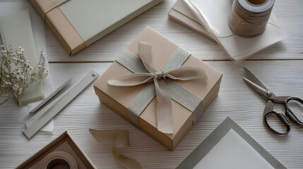 Christmas gift wrapping scene with beige present box and craft supplies on table