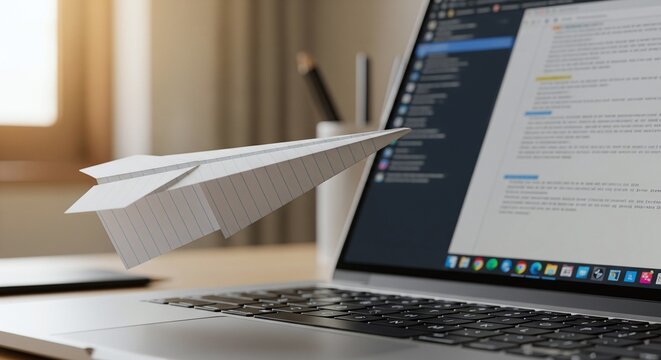 Paper airplane taking off from a laptop screen with code on desk.