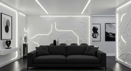 Sleek modern living room boasts minimalist design with textured walls, stylish black sofa, and artistic decor for an elegant, contemporary lifestyle vibe