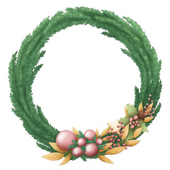 Festive Christmas fir wreath. Home decoration with Christmas balls and holly. Isolated illustration in a simple style.
