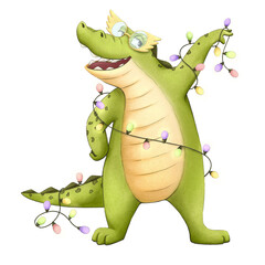 An illustration of a New Year's crocodile with a garland. This hand-drawn cartoon character is designed in a simple, childlike style. The drawing is perfect for postcards.
