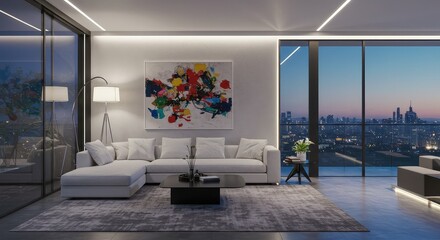 Stunning modern apartment interior overlooking vibrant city skyline at dusk, perfect for luxurious urban living and high-end real estate marketing campaigns