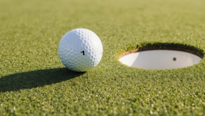 Golf ball on the green next to the hole, ready to be putted in.