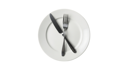 White oval plate with fork and knife isolated on transparent background