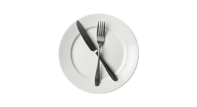 White oval plate with fork and knife isolated on transparent background - Powered by Adobe