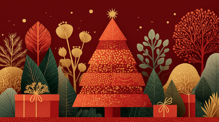 Festive Season's Greetings: A vibrant display of holiday cheer, with a majestic tree at the center, surrounded by beautifully adorned gifts, and enchanting ornaments against a rich, inviting backdrop.