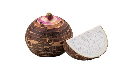 Whole taro root and a slice isolated on transparent background