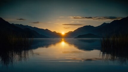 Sunset over a lake with mountains in the background.