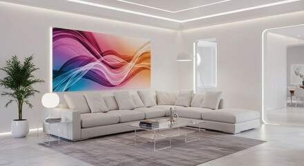Relax in this modern living room with vibrant art and sleek design, perfect for luxurious living or showcasing sophisticated interior style