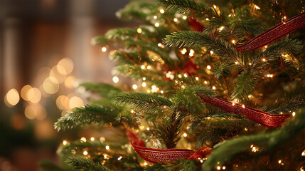 Festive Holiday Tree: Glimmering lights adorn the lush green branches of a Christmas tree, complemented by elegant ribbons, creating a cozy and inviting holiday atmosphere.