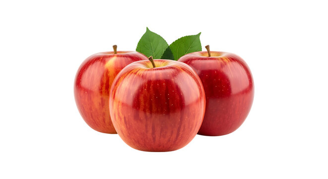Three red apples with green leaves isolated on transparent background